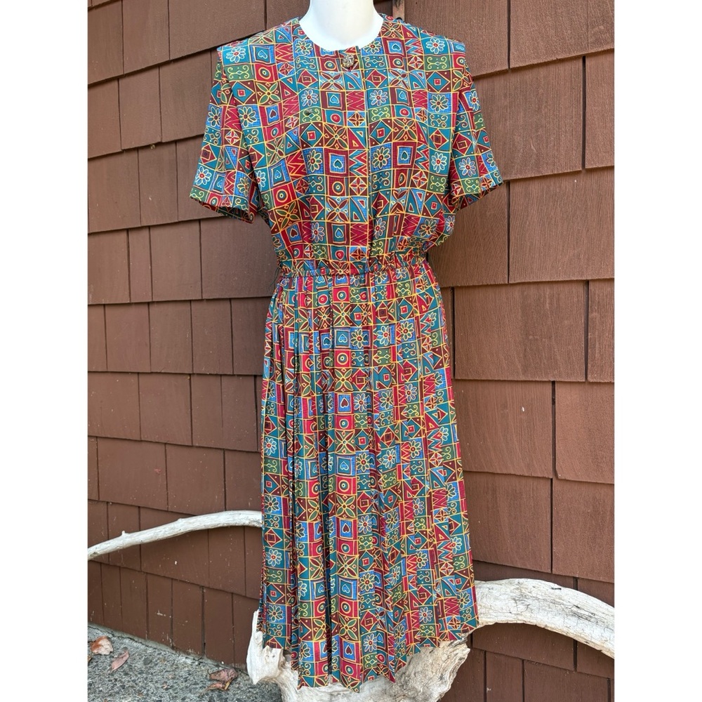 Vintage Leslie Faye crew short sleeve midi pleated Geometric Patterned Dress 6p